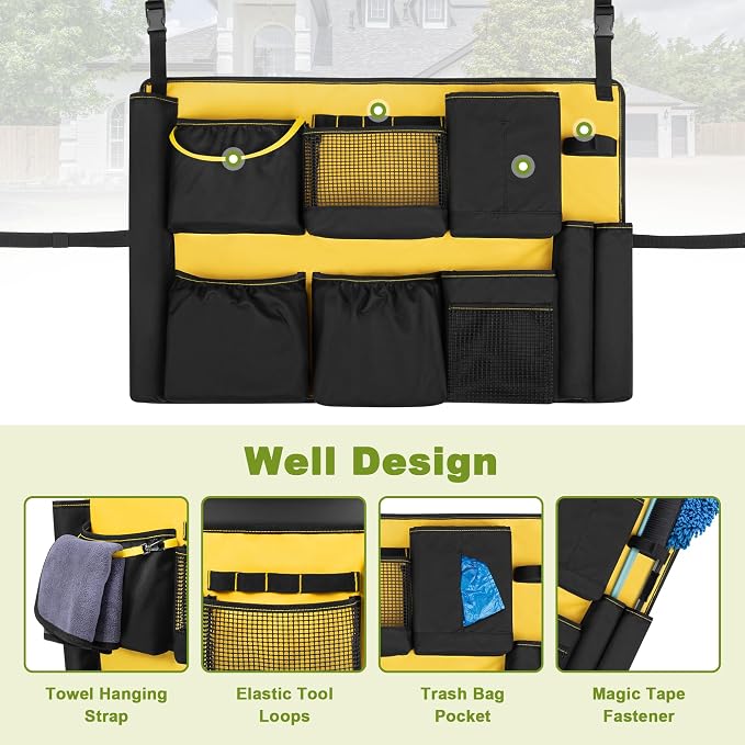 HODRANT 32-55 Gallon Trash Can Caddy Bag with Multi Pockets for Clean Tools | Garbage Bin Apron Caddy, Cleaning Tool Organizer with Adjustable Buckle for Janitorial Trash Can, Black+Yellow