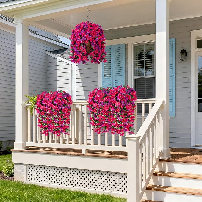 Artificial Fake Hanging Flowers with Basket for Outdoors Decoration, 3PCS Faux Flowers for Outdoor Planters UV Resistant No Fade Silk Bougainvillea for Home Porch Patio Garden Balcony Yard Decor