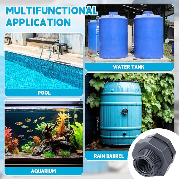 4 Pcs 3/4 Inch Bulkhead Fitting PVC Water Tank Connector Plumbing Pipe Threaded Bulkhead Fitting NPT for Rain Barrels, Water Tanks, Aquariums, Tubs, Pools