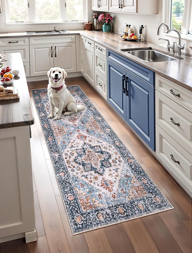 SERISSA 3x7 Washable Non Slip Boho Runner Rug for Hallway，Blue Orange | Ultra Soft Vintage Oriental Carpet Low-Pile Distressed Tribal Floor Carpet for Kitchen Bedroom Entryway Laundry Room