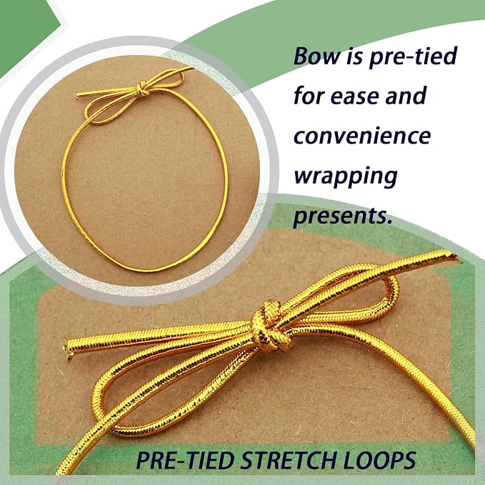 FQTANJU Gold Elastic Cord with Pre-Tied Bows - 200 Pcs 6 Inch Metallic Stretch Loops for Gift Wrapping, Crafts, Gift Boxes, Tags | Strong Metallic Ribbon String for DIY, Holiday, Party Decor