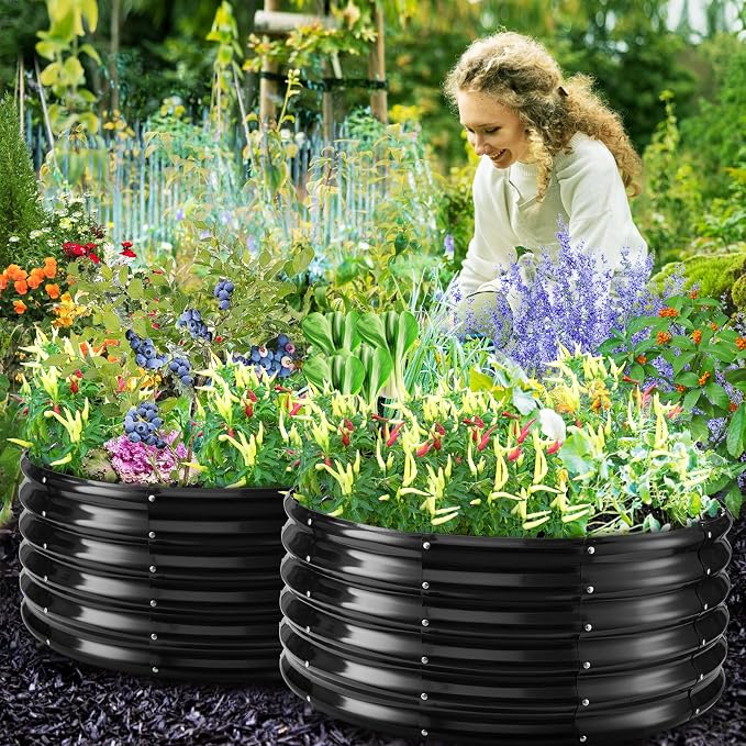 YSEJOMP 17" Tall Round Outdoor Garden Raised Garden Bed Kits-0.8MM Thick Metal Raised Planter Bed/Ground Planter Box for Variety of Flowers,Herbs,Vegetables,Trees (Black, 40 Dia X 16.5 inches)