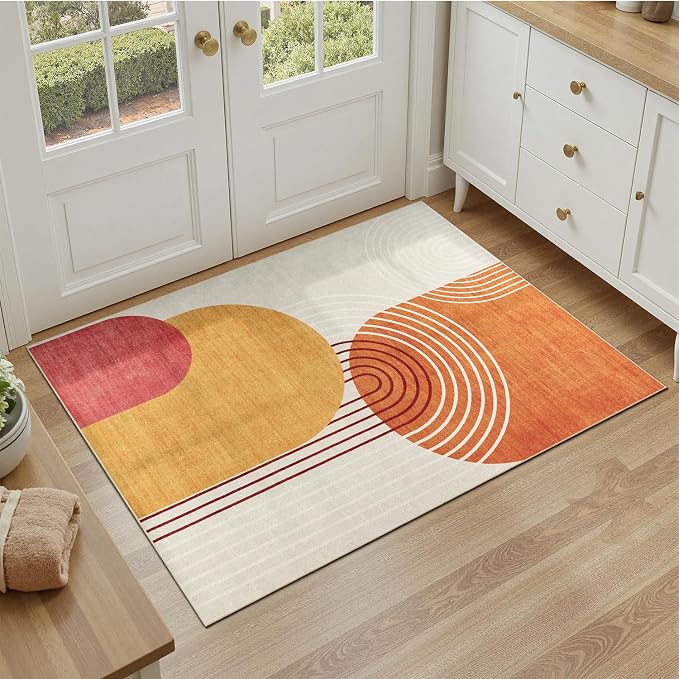 DCX Abstract Washable 2x3 Rug, Non Slip Low Pile Rug, Orange & Yellow | Rugs for entryway, bedroom, dining room, office, soft, mid century modern rug, sain resistant indoor carpet, home decor
