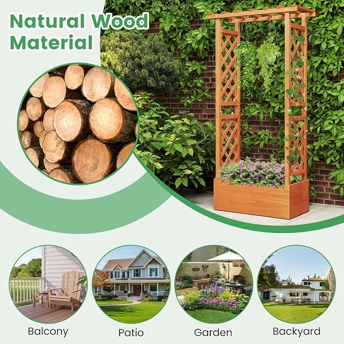 Giantex Raised Garden Bed with 2-Sided Trellis & Hanging Roof, Fir Wood Planter Box w/Drainage Holes, Bottom Gaps, Freestanding Garden Planter for Flowers Herbs Climbing Vines (31" x 12.5" x 60")