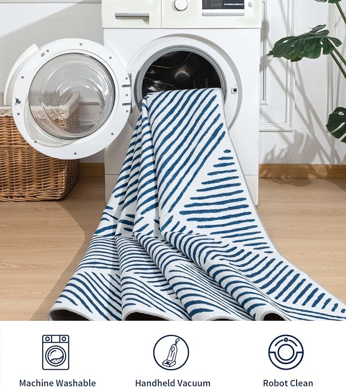 2‘x6' Washable Blue and White Geometric Runner Rug for Kitchen | Non-Slip, Low Pile, Stain Resistant, Modern Navy Blue Stripe Long Rug for Hallway Entryway Bedroom