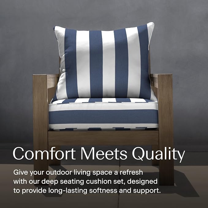 Honeycomb Outdoor Heritage Deep Seat, 25 x 26, Cabana Stripe Blue & White Chair Cushion with Removable Cover, for Patio Furniture