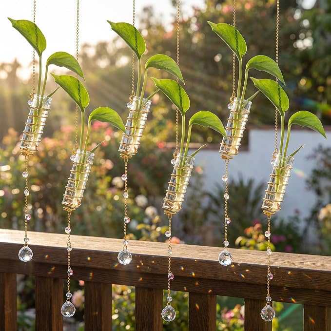 6Pcs Hanging Propagation Station with Crystal Ball Prisms Plant Suncatcher | Glass Wall Hanging Propagation Vases Crystals Prism Suncatchers Decor for Windows Home Wedding with a Cleaning Brush