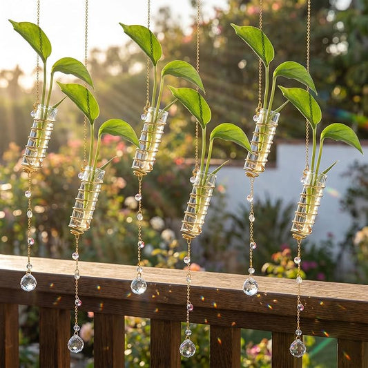 6Pcs Hanging Propagation Station with Crystal Ball Prisms Plant Suncatcher | Glass Wall Hanging Propagation Vases Crystals Prism Suncatchers Decor for Windows Home Wedding with a Cleaning Brush