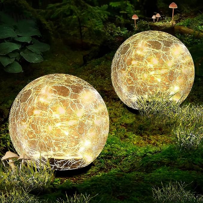 Garden Solar Ball Lights Outdoor Waterproof 50LED Cracked Glass Globe 4.7'' | 2 Pack Solar Power Ground Lights for Path Yard Patio Lawn, Christmas Decoration Landscape Warm White