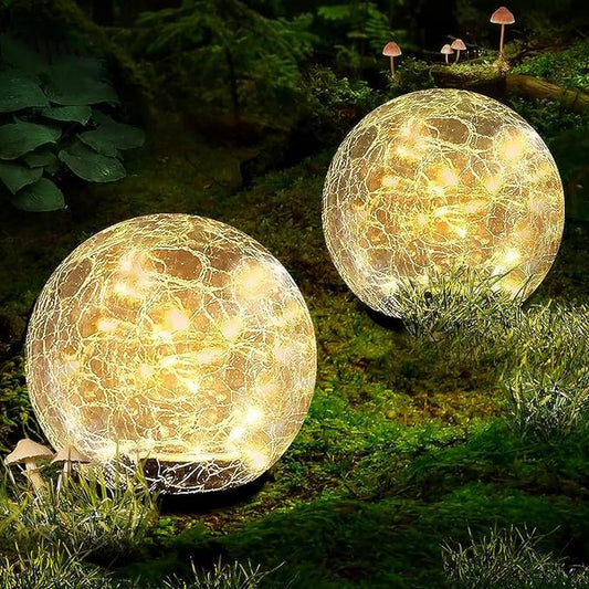 Garden Solar Ball Lights Outdoor Waterproof 50LED Cracked Glass Globe 4.7'' | 2 Pack Solar Power Ground Lights for Path Yard Patio Lawn, Christmas Decoration Landscape Warm White