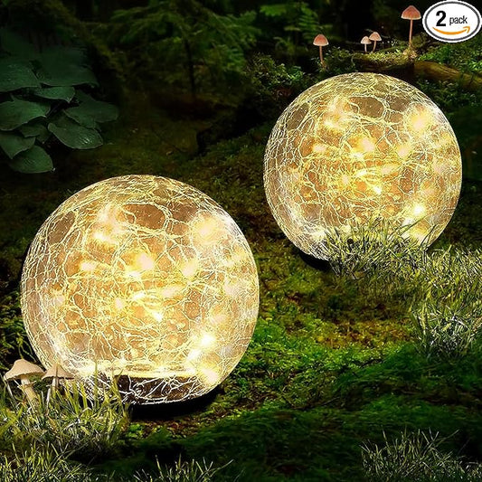 Garden Solar Ball Lights Outdoor Waterproof 30LED Cracked Glass Globe 3.9'' | 2 Pack Solar Power Ground Lights for Path Yard Patio Lawn, Christmas Decoration Landscape Warm White