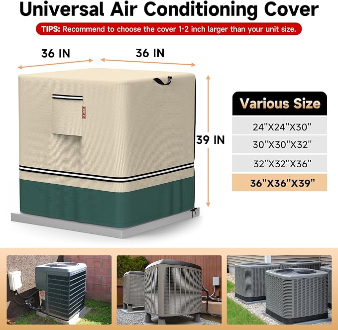 LXKCKJ Air Conditioner Cover for Outside Units - 420D Heavy-Duty Waterproof Winter AC Cover, All-Weather Protection for HVAC Condenser Units, Fits 36''LX36''WX39''H Outdoor AC Unit(Beige& Green)