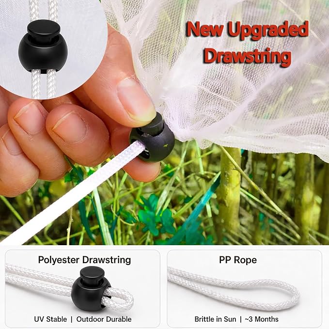Drawstring Blueberry Netting for Bushes - 2Pack 3.28 * 2.62+ 2pack 4.92 * 3.94Ft - Easy Install Reusable Garden Netting,for Fruit Trees & Tomato Plants, Blocks Birds, Squirrels & Insects