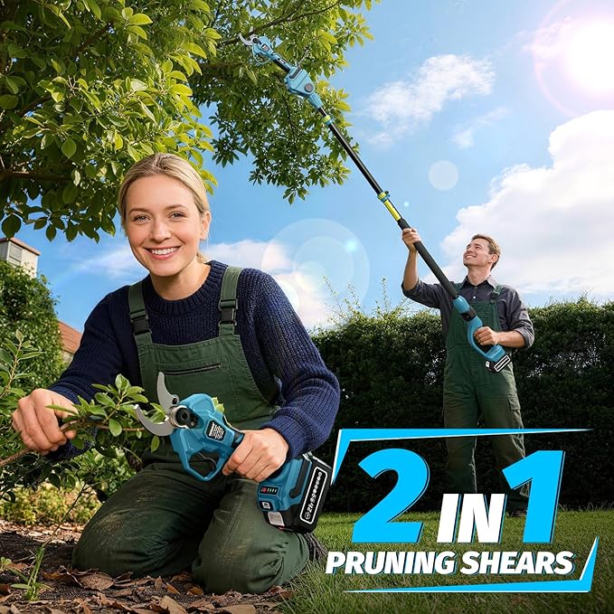 Takuoo Cordless Electric Pruning Shears with Extension Pole, 1.6" Cutting Diameter Power Pole Pruner for High Tree Trimming, 2x4.0Ah Batteries, 4 Adjustable Modes Brushless Limb Branch Cutter