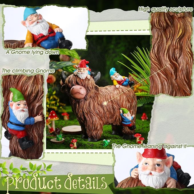Suzile Garden Gnomes Statues Decor 9.84'' Highland Cow Garden Statues Resin Gnome Sitting on Highland Cow Birthday Gifts for Woman Mom for Home Table Yard Patio Lawn Porch