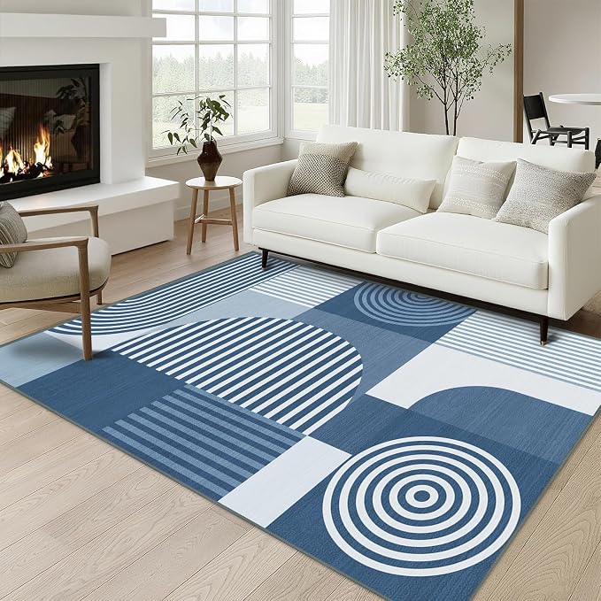 Blue Geometric Area Rug 4x6 for Living Room Rug Machine Washable Minimalist Line Mid Century Modern Rugs Non Slip Low Pile Indoor Floor Carpet for Bedroom Dining Room Laundry Office,Blue