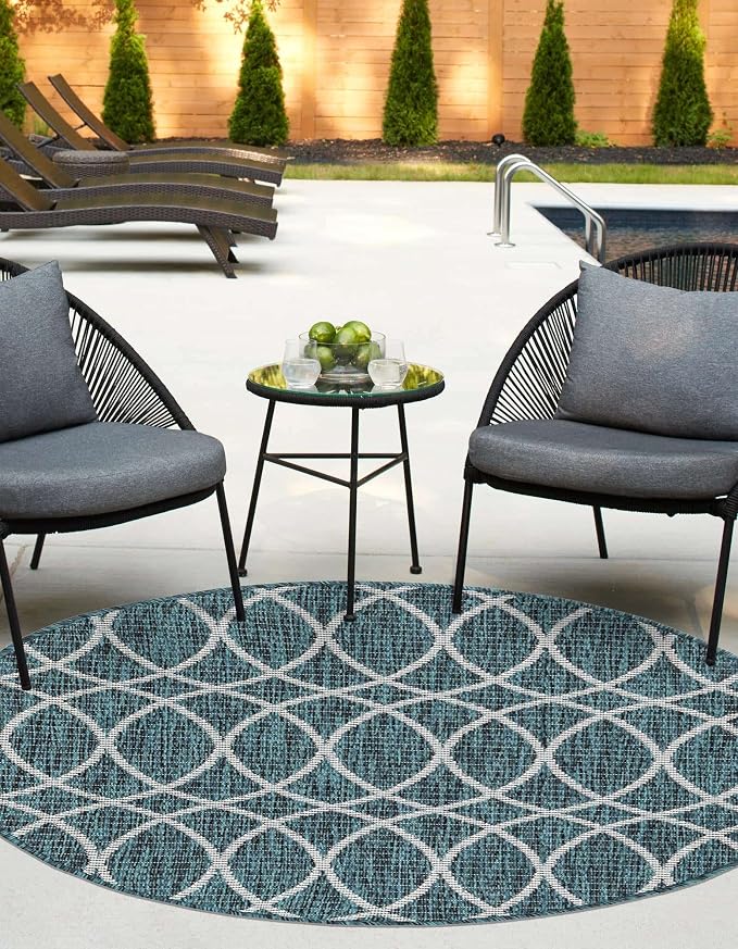 Unique Loom Outdoor Trellis Collection Area Rug - Gitter (3' 1" Round, Teal/ Ivory)