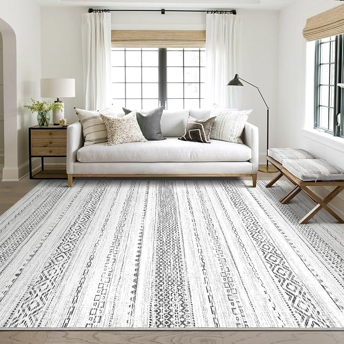 kakania Washable 6x9 Area Rug for Living Room: Boho Geometry Home Decor | Soft Stain Resistant, Low-Pile, Non-Slip, Pet & Kid Friendly, Thin Rug for Bedroom/Dining Room/Kids Dorm - Square Grey