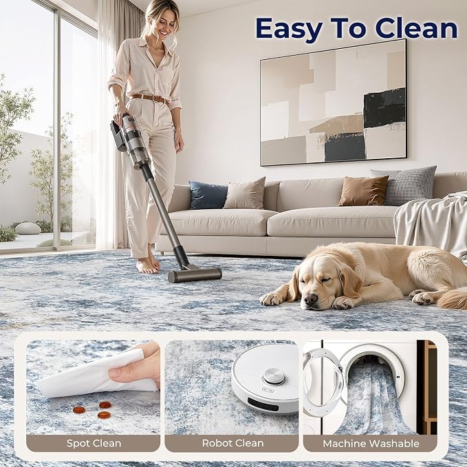 DMOYEST 5x7 Area Rug for Living Room Washable Abstract Indoor Carpet | Neutral Modern Low Pile Rugs Kid & Pet Friendly Soft Thin Carpet for Bedroom Dining Room and Office - Blue