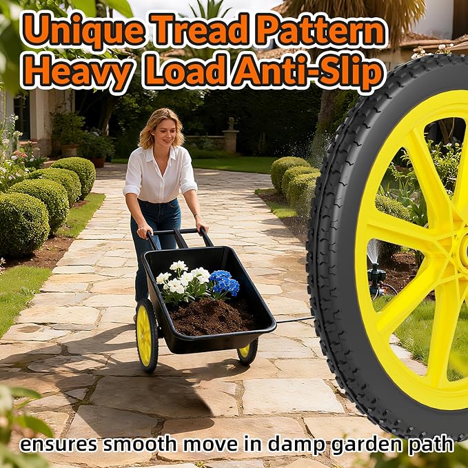 RONPOW 20 Inch Flat Free Wheelbarrow Wheels Compatible with rubbermaid Wheelbarrows Cart Tires, 5/8" Bearings and 3/4" Bearings, Replacement Wheelbarrow Wheels Garden Yard Carts, 400Lbs, 2Pack Yellow