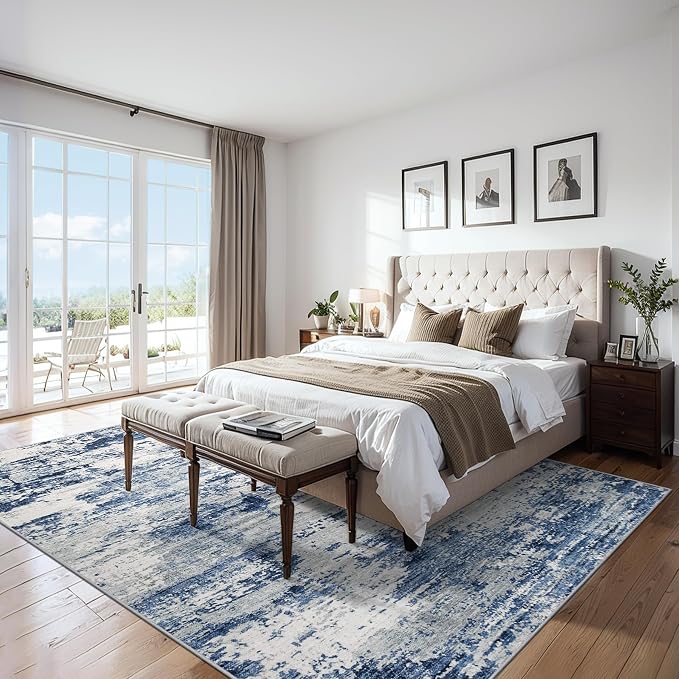 PLHXFR 10x14 Area Rug Living Room: Abstract Washable Carpet Blue Gray | For Bedroom Dining Room Farmhouse Nursery Home,Machine washable,Non Slip,Large Soft Neutral,Stain Resistant, Indoor Floor