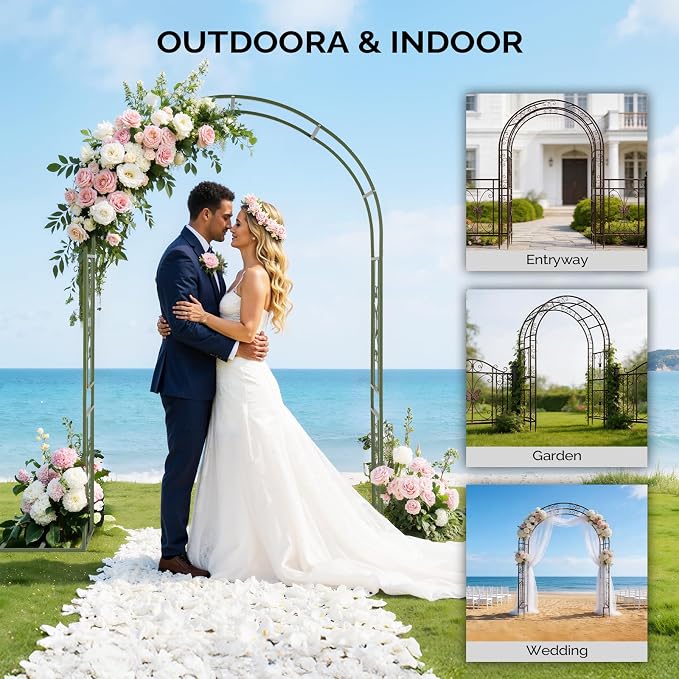 Outvita Garden Arch Trellis with Base, Heavy Duty Metal Arbour Archway for Climbing Plants Outdoor, Wedding Ceremony Party Patio Decor Olive Green