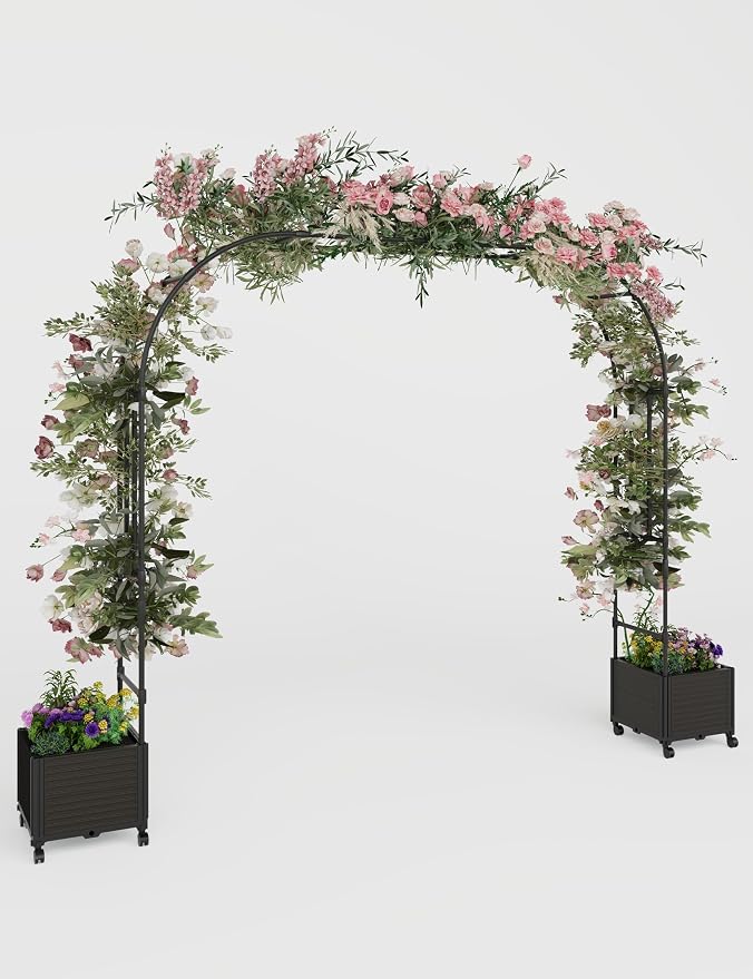 87" Tall Garden Arch Trellis for Climbing Plants – Metal Wedding Arch with Planter Box, Flower Frame Backdrop Stand – Rustproof Arbor for Wedding, Party, Balloon Decor & Outdoor Plant Support