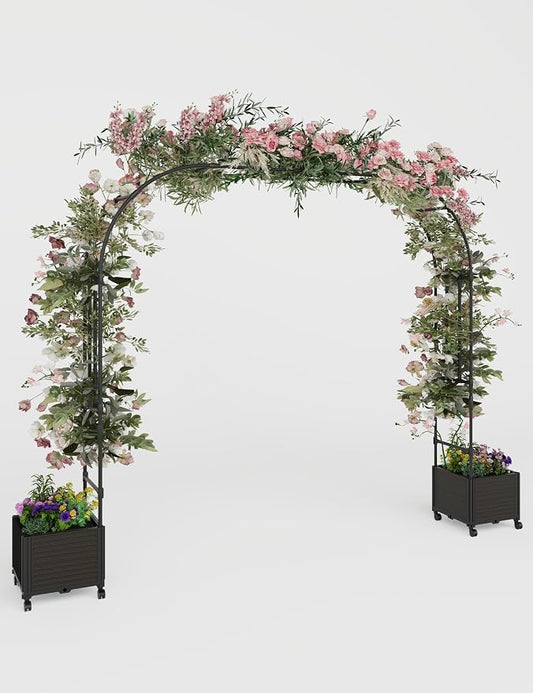 87" Tall Garden Arch Trellis for Climbing Plants – Metal Wedding Arch with Planter Box, Flower Frame Backdrop Stand – Rustproof Arbor for Wedding, Party, Balloon Decor & Outdoor Plant Support
