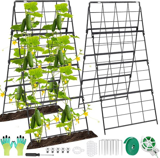 2 Packs Cucumber Trellis for Raised Bed 42 x 16 A Frame Metal Adjustable Garden Trellis for Climbing Plants Outdoor, Foldable Coated Steel Easy Install Cucumber Trellis for Vegetable Fruit Flower