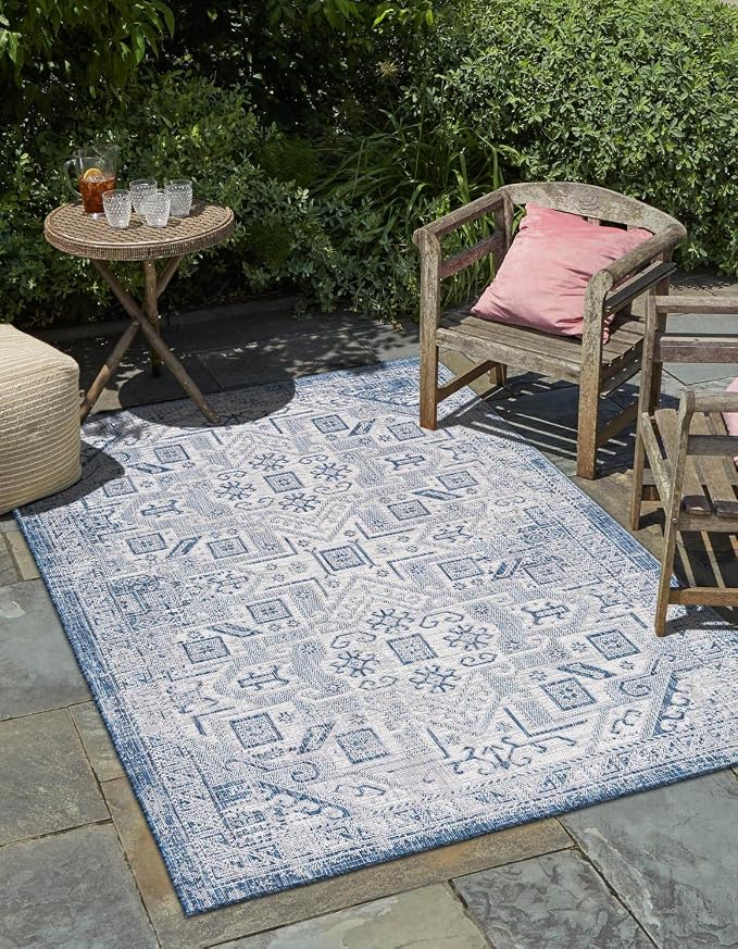 Unique Loom Outdoor Aztec Collection Area Rug - Coba (2' 2" x 3' 1" Rectangle, Blue/ Ivory)