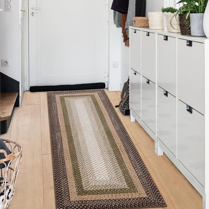 RUGSREAL Hallway Runner Rug 2x6 Braided Machine Washable Kitchen Rugs | Low Pile Farmhouse Runner Non Slip Stain Resistant Rustic Runners Modern Printed Carpet for Living Room Bedroom, Moss/Brown