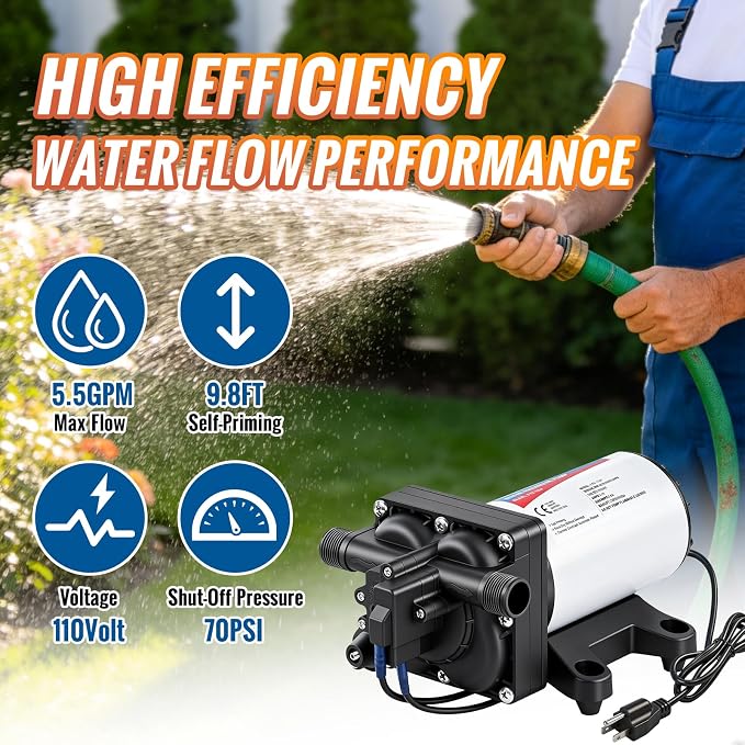 YOUNGTREE Water Pressure Diaphragm Pump 110V AC 5.5GPM 70PSI RV Water Transfer Pump 110 Volt On Demand Self Priming for Home Kitchen RV Garden Irrigation Car Washing Rain Barrel Lawn Camper