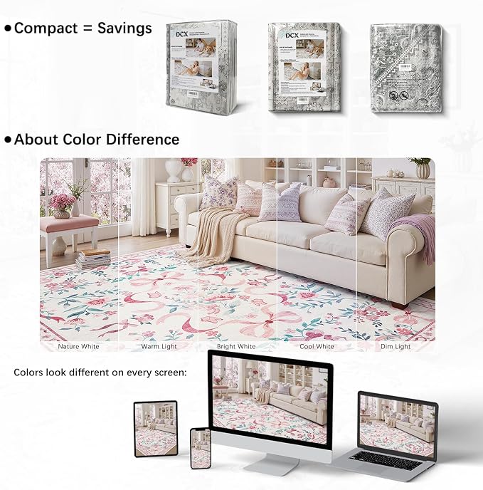 DCX Washable 8x10 Bow Rug, Pink Floral Rug for Girls’ Bedroom, Cute Soft Low Pile Indoor Décor Carpet, Kid & Pet Friendly Nursery Rug for Living Room, Dorm, Playroom