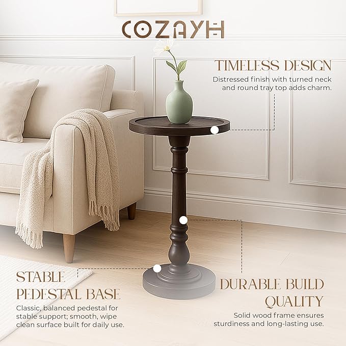 COZAYH Traditional Rustic Pedestal Table, Round Tray Top End Table with Farmhouse Style Distressed Finish for Small Spaces, Dark Brown