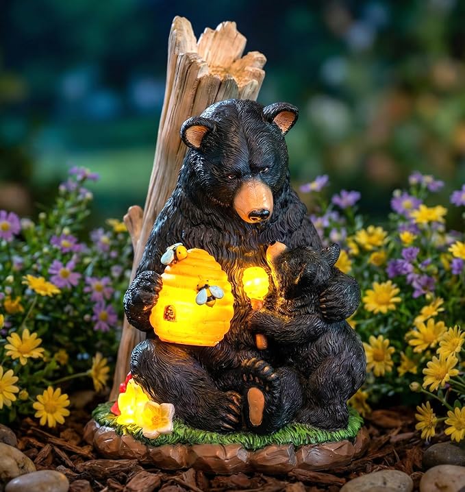C&Y&G&X Solar Bear Garden Statue Lights, Black Bear & Cub Outdoor Resin Yard Decor for Patio Porch Lawn, Solar Garden Figurine with Light-Up Beehive, Housewarming Gifts for Garden Lovers