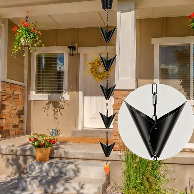 8.5FT Rain Chain for Gutters, Black Anti-Rust Iron Decorative Rain Chain for Outside, Leaf-Shaped Pieces Gutter Chain Replacement Downspout, Garden Water Catcher & Outdoor Garden Decor