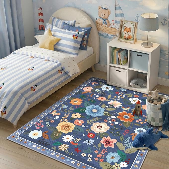 RELEANY Floral 5x7 Area Rug Machine Washable Soft Print Boho Carpet Non Slip Doormat Low Pile Flower Area Rugs for Living Room Bedroom Nursery Kitchen Dining Room Indoor-Blue/Grey | Flower Carpet, Print, Boho, Non-Slip, Easy to Clean, Soft, Low Pile fo...