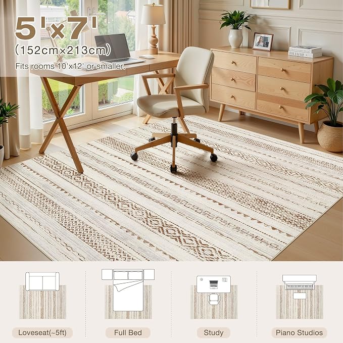 kakania Washable 5x7 Area Rug for Living Room: Boho Geometry Home Decor | Soft Stain Resistant, Low-Pile, Non-Slip, Pet & Kid Friendly, Thin Rug for Bedroom/Dining Room/Kids Dorm - Square Brown