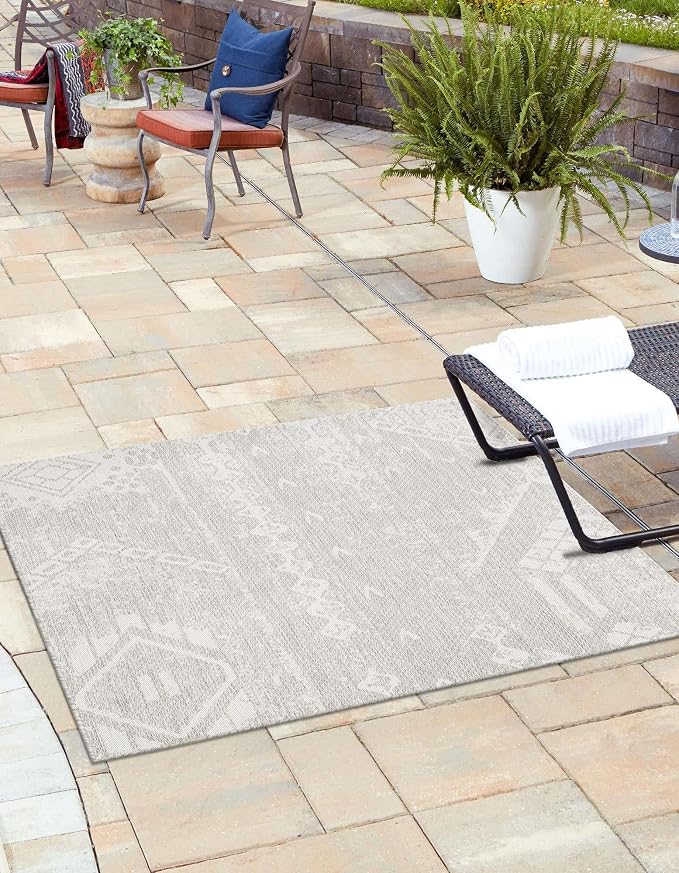 Unique Loom Outdoor Bohemian Collection Area Rug - Anthro (10' 8" Square, Gray/ Ivory)