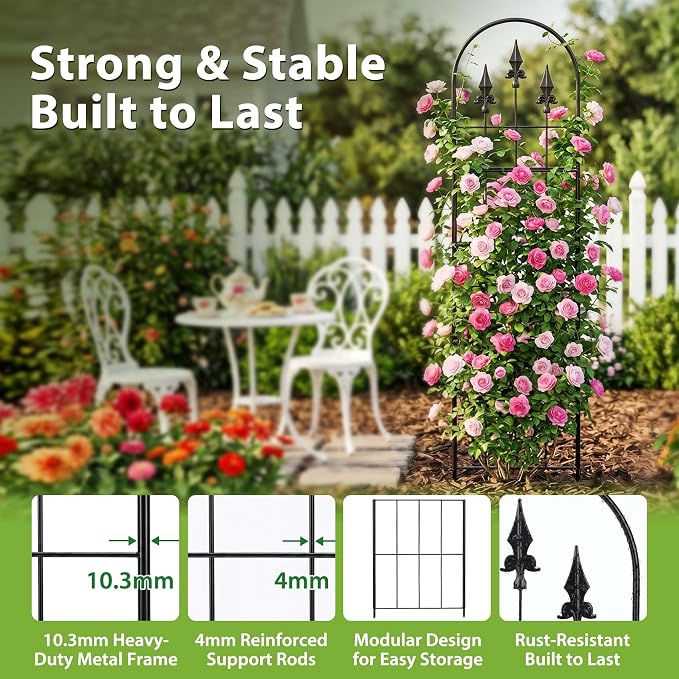 2 Pack 57.8" H x13 W Garden Trellis for Climbing Plants Outdoor, Rustproof Arched Metal Rose Trellis for Outdoor Indoor Roses Clematis Potted Climbing Plants Vines Flowers Decorative, Black