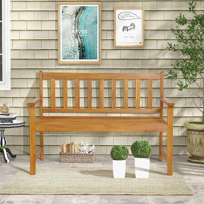 Tangkula Outdoor Acacia Wood Bench, 2-Person Garden Bench with Backrest and Armrests, Garden Bench with Slatted Seat for Porch, Park, Backyard, 800 Lbs Max Load, 48” L x 22” W x 34” H, Natural
