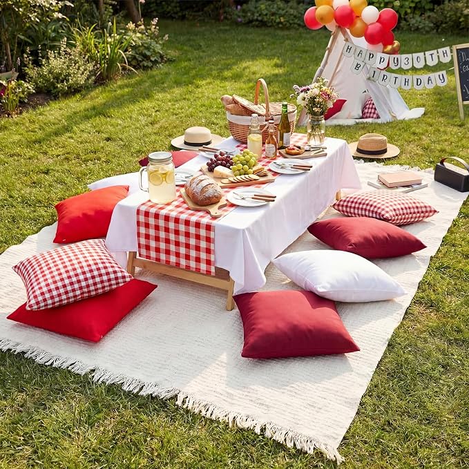 Yuntau Large Outdoor Boho Picnic Blanket with Table Runner 8 Pink White Red Pillows Covers No Pillow Summer Picnic Decor for Camp Birthday Party Bridal Shower Outdoor Backyard Garden(Red)