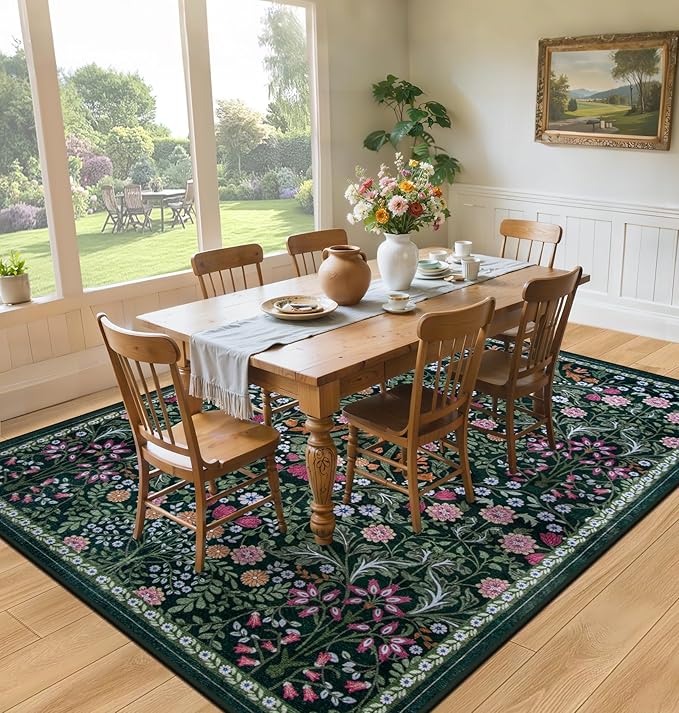 PLHXFR Area Rug 10x12 Living Room: Floral Washable Boho Carpet Dark Green | For Bedroom Dining Room Farmhouse Nursery Hallway,Vintage Floral,Machine washable,Non Slip,Stain Resistant,Large Indoor