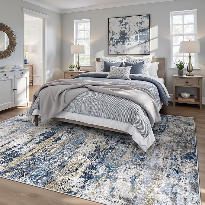 pmtsns Area Rugs 6x9 for Living Room: Washable Rug Modern Abstract Neutral Soft Non-Slip Low-Pile Indoor Carpet for Bedroom Dining Room Playroom Home Office (Blue Grey Brown, 6'x9')