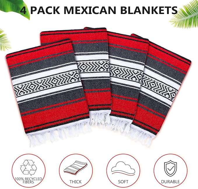Oudain 4 Pcs Mexican Blankets Bulk Handwoven Mexican Yoga Blanket Towel Colorful Falsa Serape Woven Throw Blanket Boho Beach Blankets for Outdoor Camping Beach Picnic Travel Home(Red)
