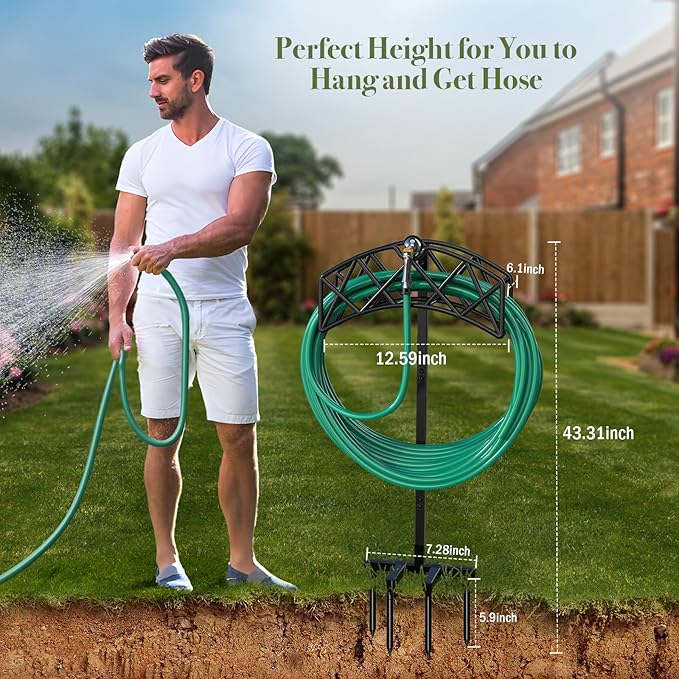 Winpull Garden Hose Holder Detachable Heavy Duty Metal Water Hose Hanger, Freestanding Hose Storage Stand Rack for Outside (Black)