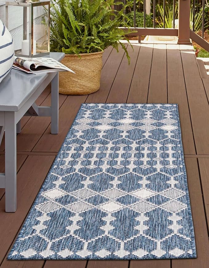 Unique Loom Outdoor Trellis Collection Area Rug - Traliccio (2' x 7' 10" Runner, Blue/ Ivory)
