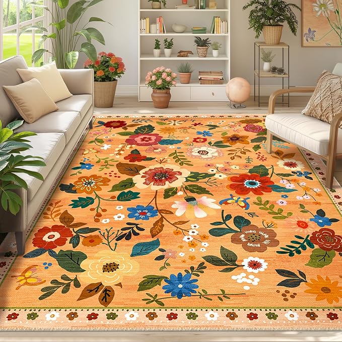 RELEANY Floral Washable 6x9 Area Rugs Orange/Yellow/Red | Flower Carpet, Print, Boho, Non-Slip, Easy to Clean, Soft, Low Pile for Living Room Bedroom Kitchen Office Entryway Hallway