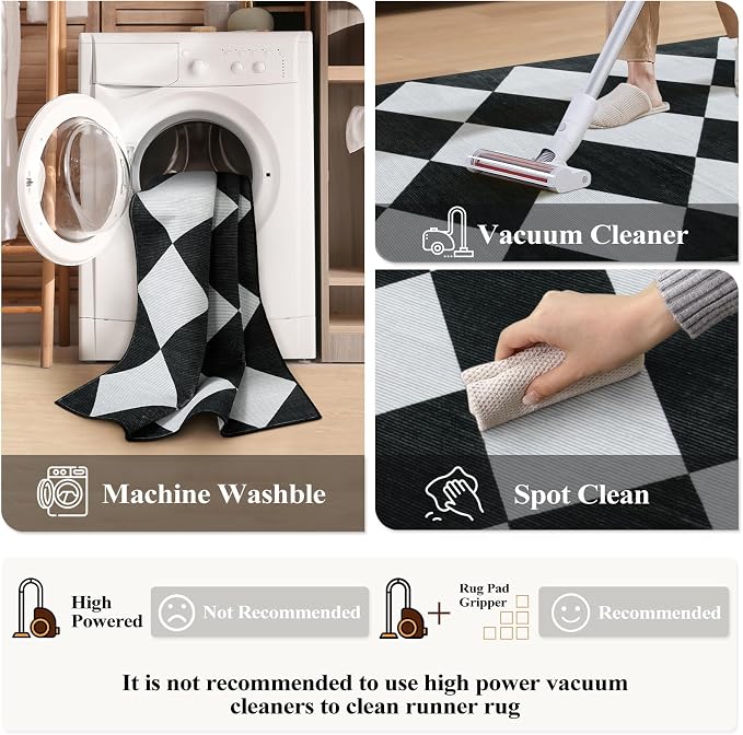 Beeiva Checkered Print Washable Rug Runners for Hallways Non Slip 2.5x10, Ultra Thin Black Kitchen Runner Stain Resistant Hallway Runner Rug 10 ft, Checkerboard Carpet for Bathroom Entryway Decor