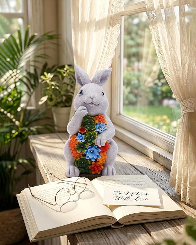 Solar Garden Outdoor Statues Bunny with Succulent | 7 LED Lights, Lawn Decor Statue for Patio, Balcony, Yard Ornament, Gifts for Mom Grandma Women